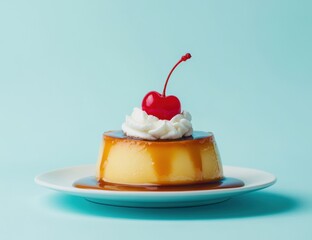 Caramel Pudding with Cherry and Whipped Cream