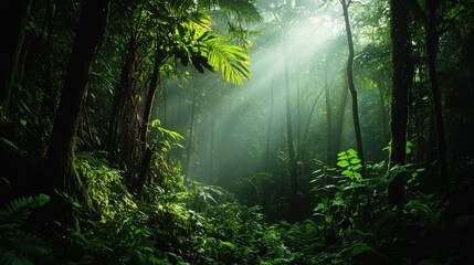 Obraz premium Sunlight streams through a lush green rainforest creating a vibrant scene