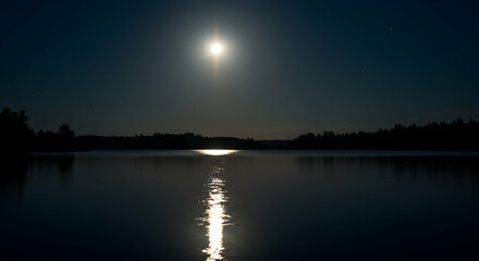 Fototapeta premium Moonlit Lake Night Scene with Reflections and Starry Sky Above