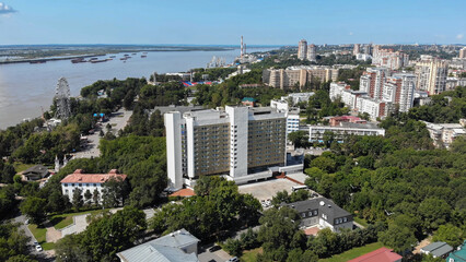 Khabarovsk city on a summer day. Aerial view.