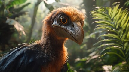 A detailed portrait of a birdlike creature in a lush environment