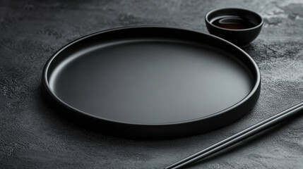 A handcrafted black ceramic plate with a smooth matte finish, positioned on a monochrome background. A small dipping bowl with soy sauce and a pair of chopsticks are arranged neatly, creating a harm
