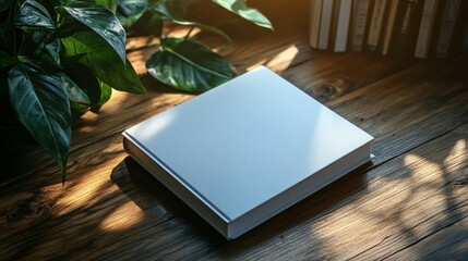 Blank square book mockup on wooden table with plants and books.