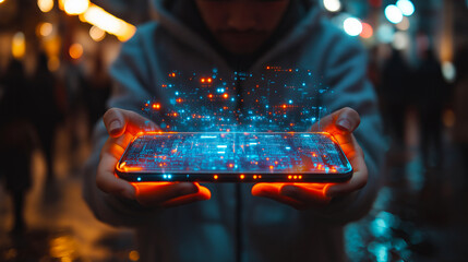 Futuristic Digital Technology Glowing Smartphone Screen Interface Data Network Modern Innovation Bright Neon Lights City          