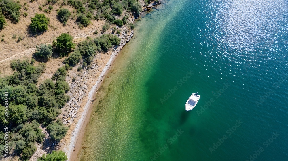 Poster aerial view of a serene lake with a small boat gently floating on the water surrounded by lush green