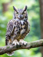 Fototapeta premium Majestic Owl Perched Gracefully on a Branch in Lush Green Forest : Generative AI