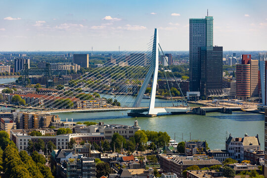 Aerial view of Erasmusbrug and Rotterdam skyline, famous landmark in Netherlands and travel destination