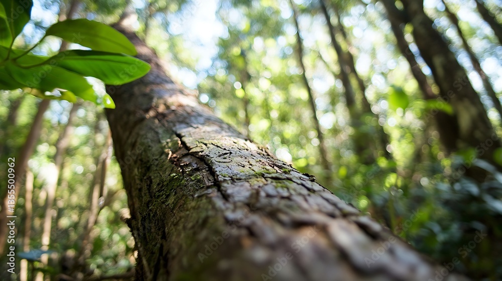 Aufkleber Close up of a textured tree trunk surrounded by lush green leaves in a vibrant forest setting : Generative AI