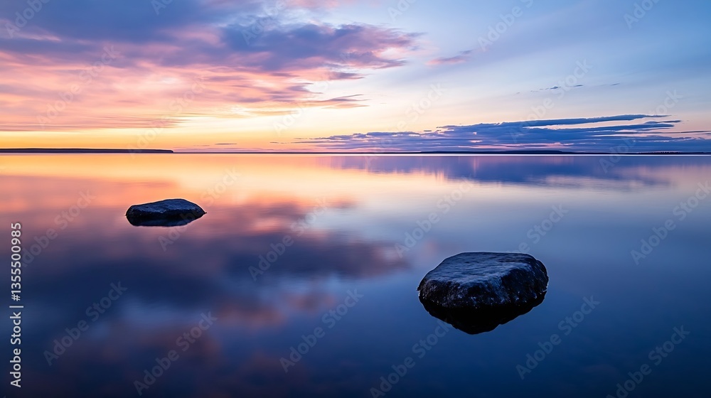 Poster Serene lake at sunset with smooth reflections and tranquil rocks dotting the shoreline : Generative AI