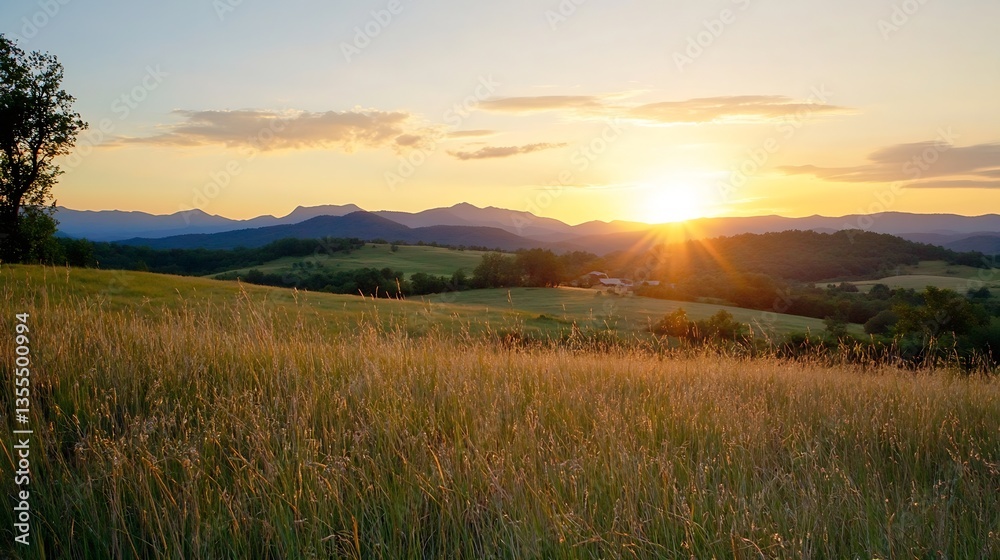 Poster scenic sunset over rolling hills and expansive fields capturing the beauty of nature : generative ai