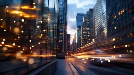 Obraz premium Dynamic cityscape at night with blurred lights from vehicles and modern buildings : Generative AI