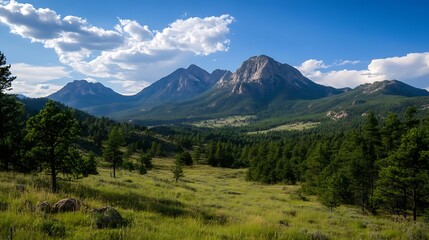Fototapeta premium Breathtaking Mountains Surrounded by Lush Greenery and Clear Blue Skies in a Natural Landscape : Generative AI
