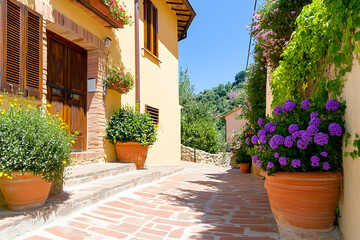 Naklejka premium Italian village street, sunny day, terracotta pots, flowers, hills