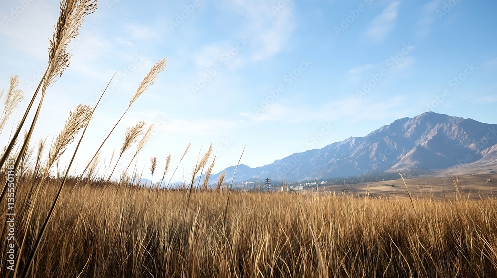 Poster serene landscape of golden grass swaying under the blue sky with majestic mountains in the backgroun