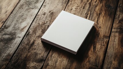 Blank white square book mockup on rustic wooden surface.