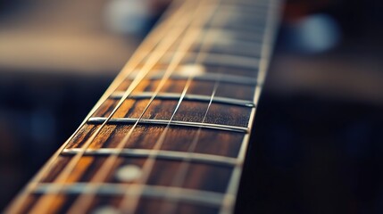Close Up of a Beautifully Crafted Guitar Neck Highlighting Its Smooth Wooden Texture and Details : Generative AI