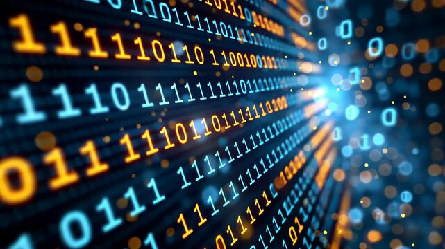 Futuristic Digital Binary Code Background with Glowing Lights and Bokeh Effect, Perfect for Technology, Data Analysis, Cybersecurity, and Blockchain Themes