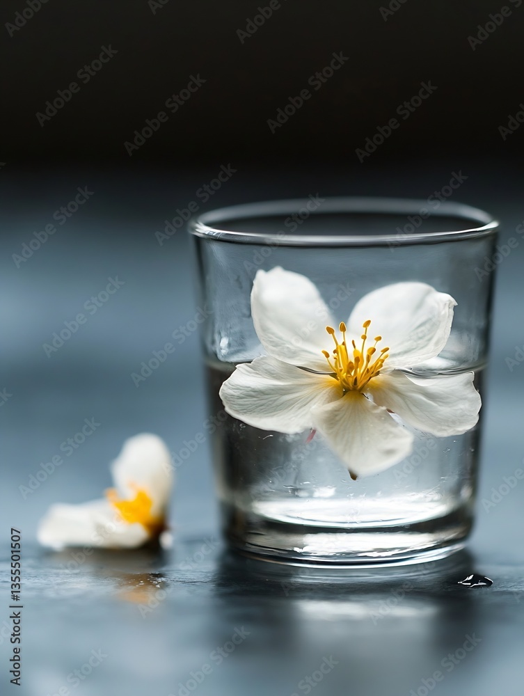 Poster elegant glass of water with a beautiful white flower floating on top creating a serene and peaceful 