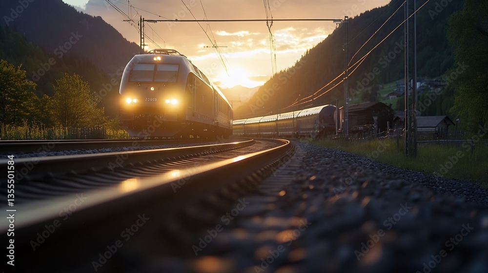 Aufkleber Dynamic Scene of a Train Approaching on a Scenic Railway Track with Golden Sunset in Background : Generative AI