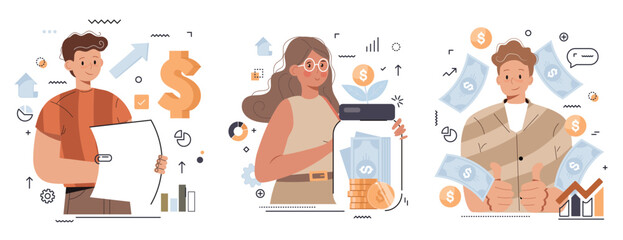 Passive income illustration set. Characters enjoying financial freedom and independence. Successfully and free of debts people planning budget. Vector illustration.