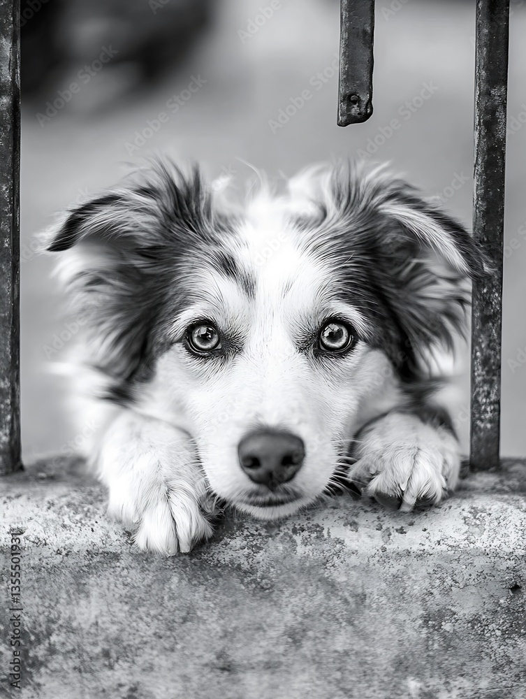 Poster adorable dog with striking eyes looking through a fence displaying a sense of longing : generative a