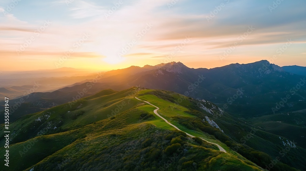 Poster breathtaking aerial view of rolling hills at sunset with a winding path disappearing into the mounta