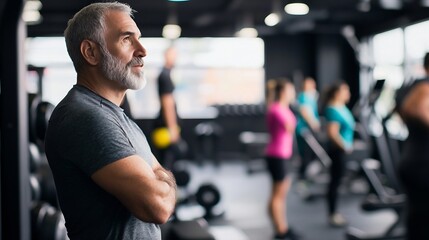 Mature man observing gym scene with intense focus during fitness session : Generative AI