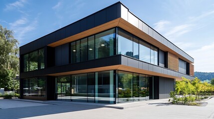 Contemporary architecture of a modern house with large glass windows and wooden accents : Generative AI