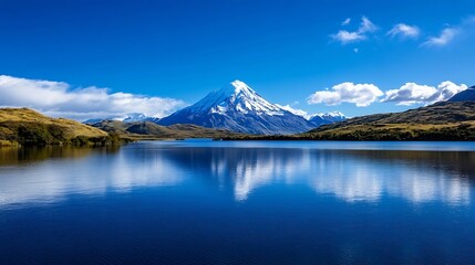 Breathtaking view of a snowcapped mountain surrounded by a picturesque lake under a clear sky : Generative AI