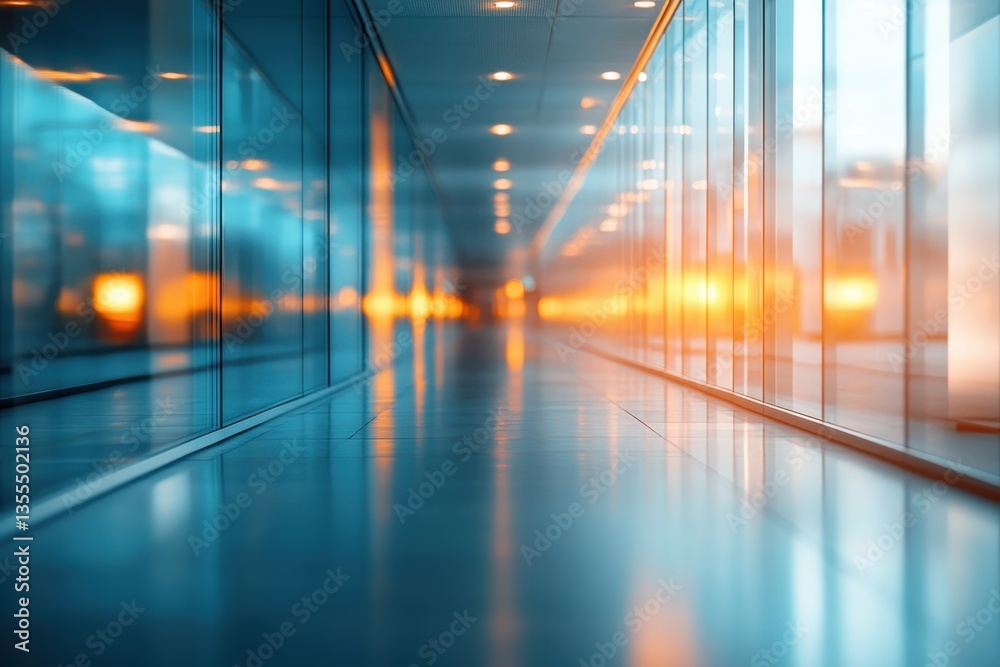 Poster modern corridor with glass walls and warm lighting creating an atmospheric reflection during sunset 