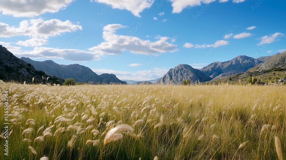 Aufkleber Stunning panoramic view of a golden grass field under a blue sky with fluffy clouds and majestic mountains in the background : Generative AI