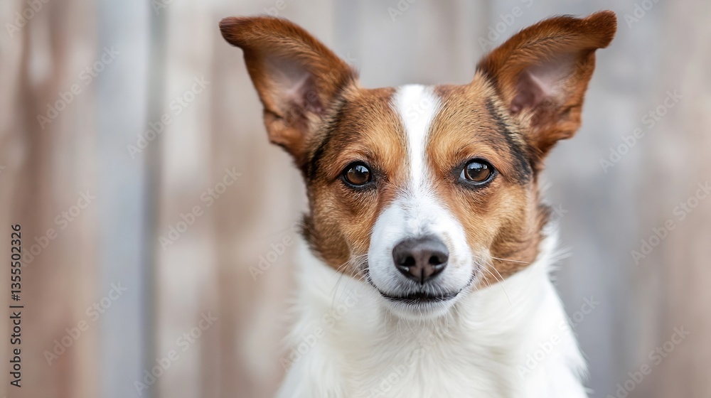 Poster close up portrait of a playful brown and white dog with captivating eyes and alert expression : gene