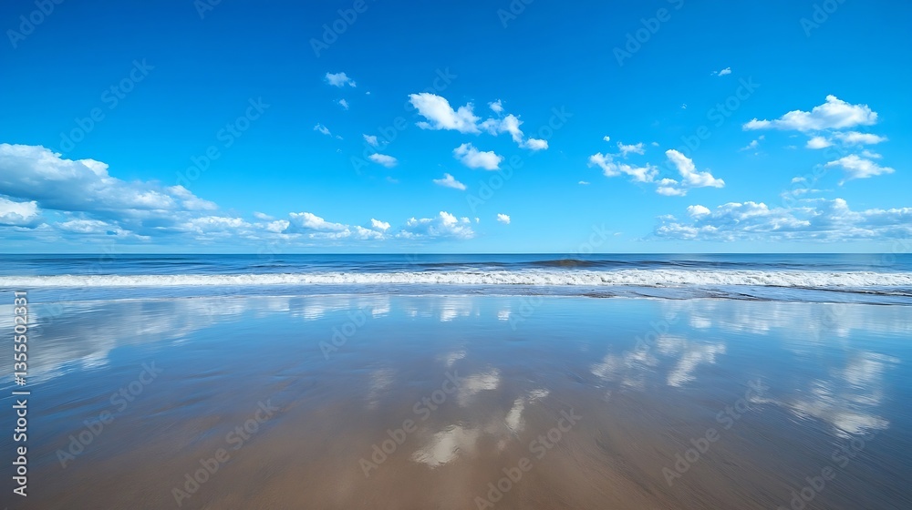 Poster stunning view of a sandy beach with clear reflection of clouds and ocean waves under a bright blue s