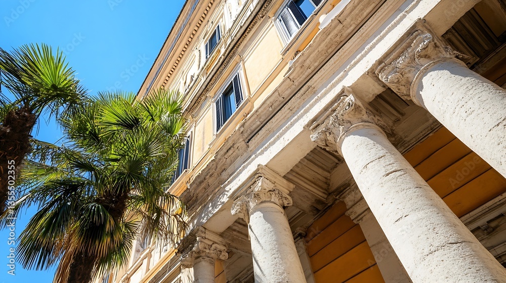 Aufkleber historical building with palm trees and classic architecture under blue sky : generative ai