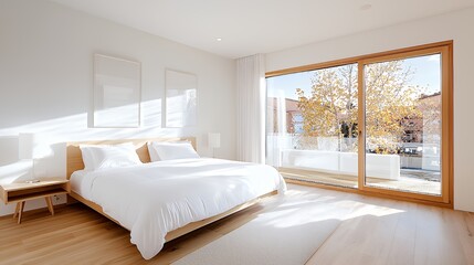 Bright Modern Bedroom with Wooden Floor and Large Window Showing Outside Trees