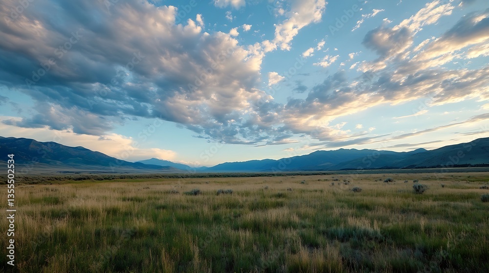 Aufkleber expansive landscape of rolling hills under a dramatic sky with soft clouds in golden light : generat