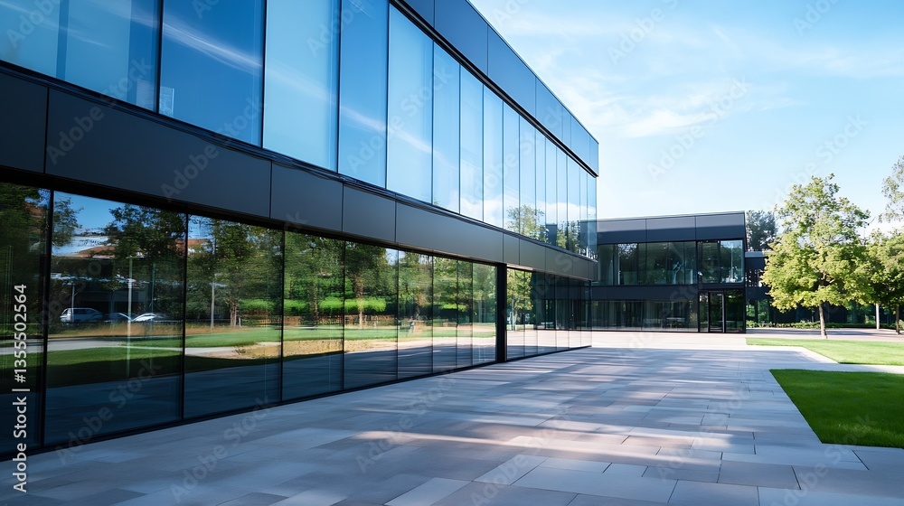 Aufkleber Modern architectural building with large glass windows and green landscaping : Generative AI