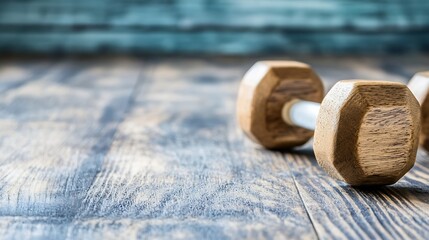 Artistic closeup of a wooden dumbbell on a rustic wooden surface symbolizing strength and fitness : Generative AI