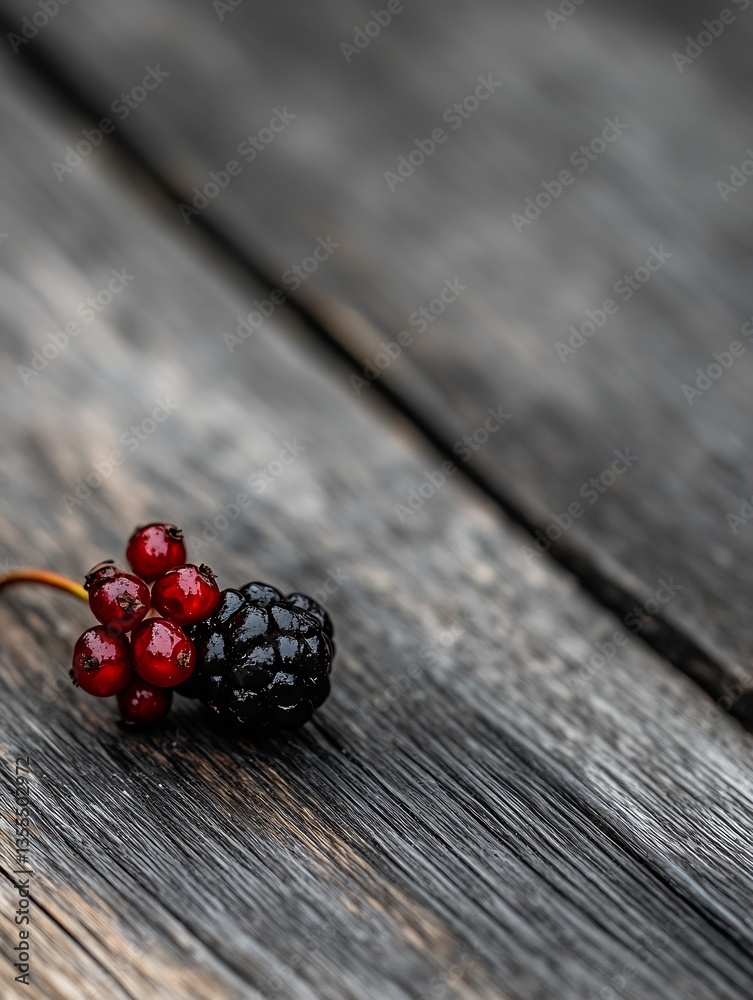 Poster close up of black and red berries resting on a rustic wooden surface with texture and depth : genera