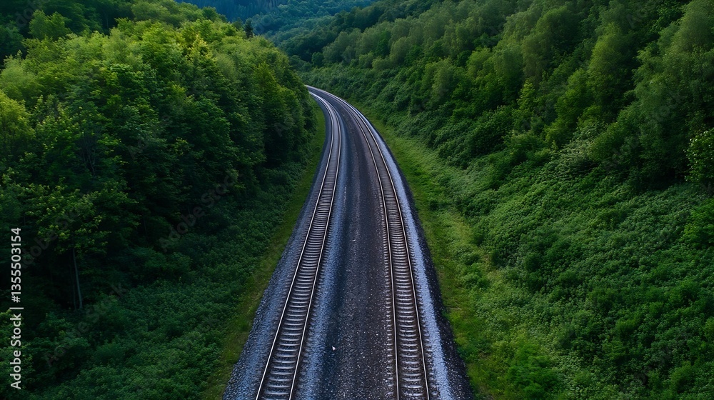 Poster curving railway track lined with dense green trees depicting the picturesque journey through nature 