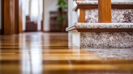 Elegant staircase showcasing polished wood and marble flooring in a beautifully designed interior space : Generative AI