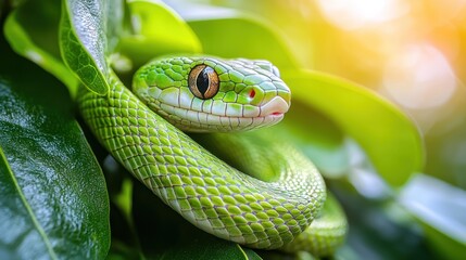 Close-up of vibrant green snake coiled amidst lush foliage, sunlit background