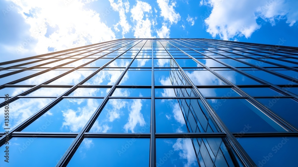 Poster Skyscraper Architectural View Highlighting Glass Façade and Reflected Clouds : Generative AI