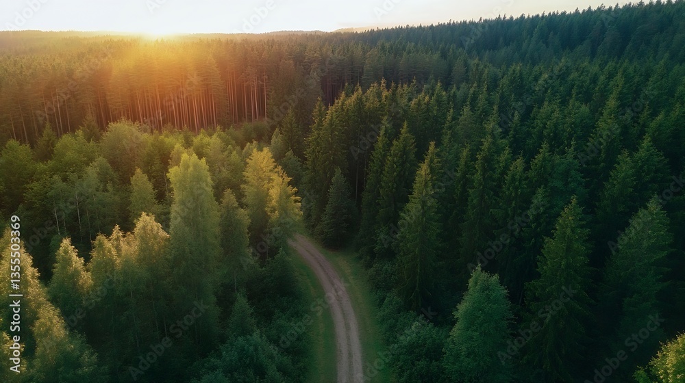 Aufkleber Aerial View of Lush Green Forests with Sunlight Filtering Through Trees : Generative AI