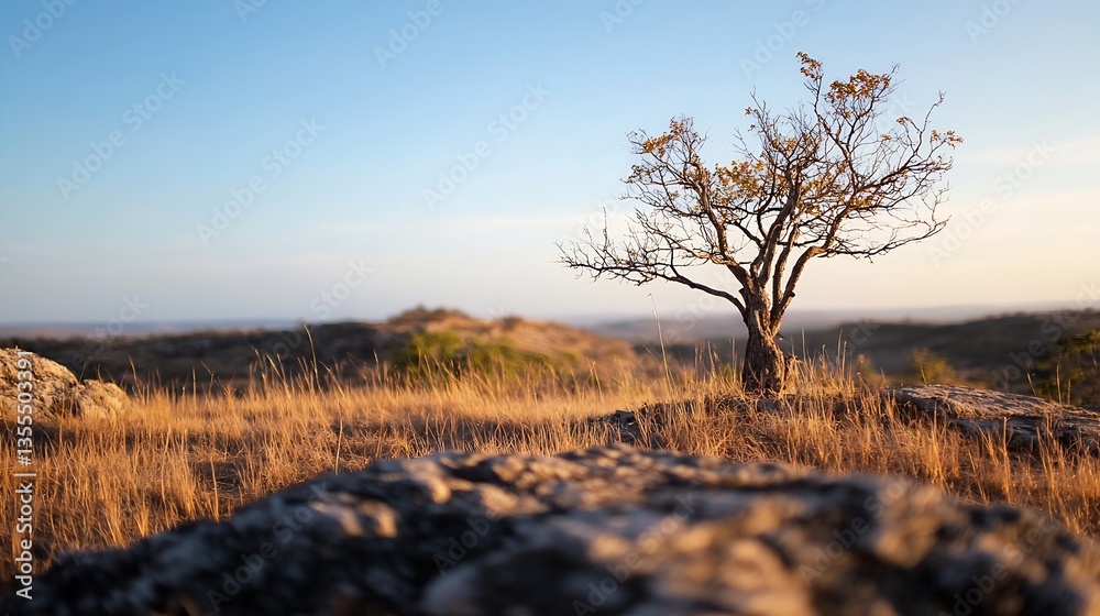 Poster isolated tree standing on rocky terrain under a breathtaking sunset creating a tranquil landscape : 