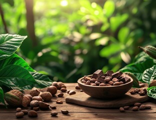 Obraz premium Dark Chocolate and Cocoa Beans in a Wooden Bowl