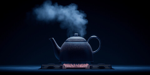 Steaming Kettle: Classic kettle with rising steam on a gas stove, evoking warmth and home comfort.