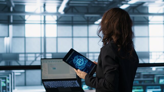 Technician in data center using AI tech on tablet to adjust power management settings. Engineer in server room optimizes resource utilization using artificial intelligence, camera A