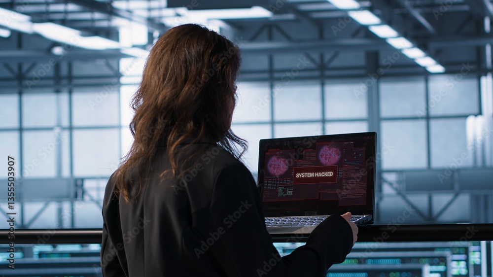 Poster cybersecurity expert in data center frantically trying to counter a hacker attack. server room worke