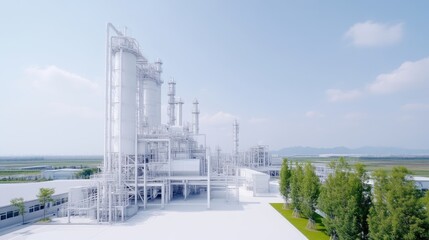 Modern industrial plant complex.  Large-scale manufacturing facility, showcasing  white structures, tanks, and pipes against a clear sky.  Exterior view of a production site